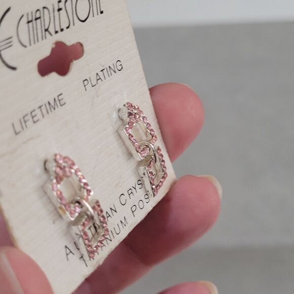 Vintage Charlestone Silver Tone Pink Austrian Crystal Titanium Post Earrings - Picture 4 of 9